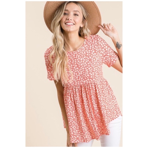 CLEARANCE Ditsy Coral Floral Short Sleeve Babydoll Top - Picture 2 of 5